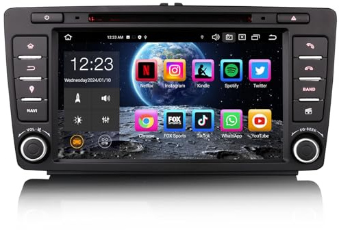 Erisin 8 Núcleos Android 14 GPS Navegación Estéreo de Automóvil para Skoda Superb Octavia Yeti Rapid 8 Pulgadas DVD Pantalla táctil Soporte CarPlay Bluetooth 5.0 WiFi Dab+OBD2 DSP 4GB RAM+64GB ROM