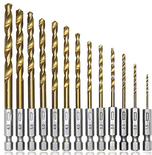 Set di Punte da Trapano, Drill Bit Esagonale da 13 Pezzi, Punte in Metallo HSS con Rivestimento in Titanio 1,5-6,5 MM
