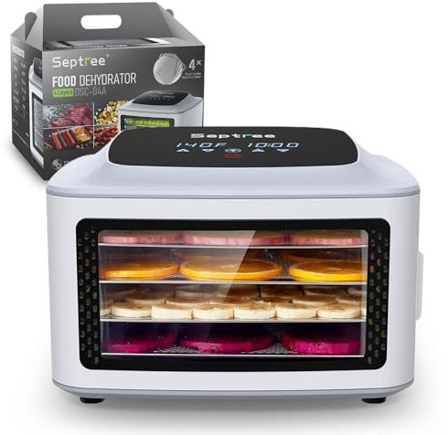 Septree Deshidratador compacto de alimentos, 4 bandejas de acero inoxidable, secadora fresca para hierbas cecas, frutas, verduras, aperitivos, con temporizador digital | Control de temperatura de 190