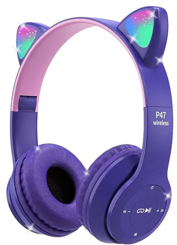 Megadream Trådlösa hörlurar, Bluetooth Over Ear-hörlurar med mikrofon, kattöron LED-ljus barnheadset TF-kort/trådbundna vikbara hörlurar för flickor pojkar present ålder 7+(lila)