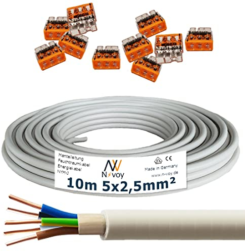 NYM-J 5x2,5 mm² 10m Mantelleitung Installationskabel mit 10 Stück WAGO Klemmen M103