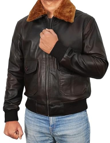 Fashion_First Giacca da pilota da uomo in pelle di pecora nera bomber - Giacca da uomo nera con colletto in pelliccia sintetica, XL