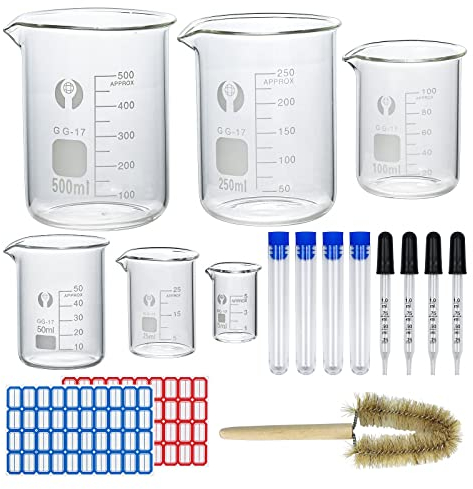 Episkey Becher Laborglas Messbecher 500 ml 250 ml 100 ml 50 ml 25 ml 5 ml Borosilikatglas, 4 Stück 1 ml Glas-Tropfpipette und Aufbewahrungsröhrchen, 1 Stück Becherpinsel (6)