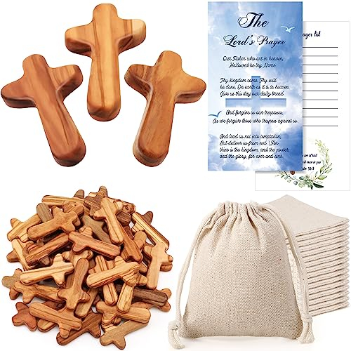 Wenqik 25 Sets Small Olive Wood Crosses Bulk Holding Hand Crosses Religious Christian Gift with Prayer Cards and Bags for Jesus Catholic