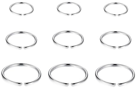Ryaupy Set di 9 Anelli Naso Finti - Piercing Faux in Acciaio Inossidabile - Anelli per Setto, Trago, Cartilagine - Gioielli con Cerchio in 6/8/10 mm (Argento)