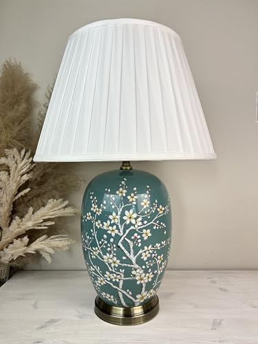 DOWNTON INTERIORS Large Teal Green Oriental Ceramic Table Lamp with Cherry Blossom Pattern (G2122) (Pleated Shade)
