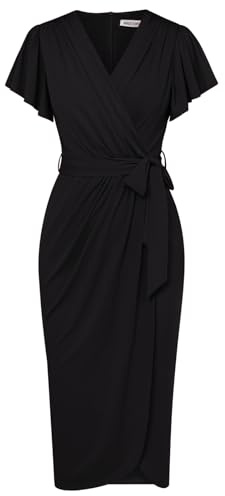 Women’s Short Sleeve Summer Cocktail Dress Ladies Black Dress Classic V-Neck Ruffle Slit Wrap Beach Dress XL Size 18