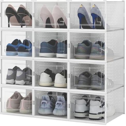 BAKAJI 12 x Scatole Portascarpe Impilabili in Plastica con Copechi, Assemblaggio Facile, Porta Scarpe Salvaspazio Trasparenti, Contenitori Box Organizer Portaoggetti, (Set 12 Pz, 35 x 25 x 19 cm)