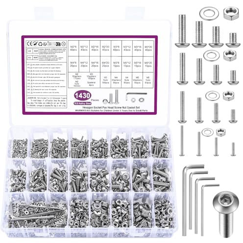1430 Pcs M2 M3 M4 M5 Bolts and Nuts Set, Nuts and Bolts Set, Silvery Round Head Hexagon Socket Screws and Washers, Hex Socket Button Head Cap Machine Screws Kit