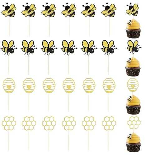 Zernblend 24 Pieces Creative Cake Inserts with Glittering Beehives, Bees, Cupcake Decoration, Bee Decoration