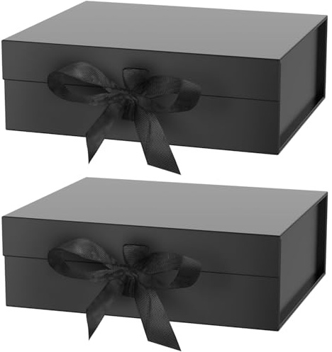 KAHEIGN 2 Pezzi Scatole Regalo Magnetiche con Coperchio, 31CM x 22CM x 10CM Nero Scatola Regalo in Carta con Nastro per Matrimonio Compleanno Natale San Valentino Festa Confezione Regalo