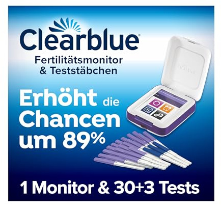 Clearblue Kinderwunsch Fertilitätsmonitor + Nachfüllpackung, 1 Touchscreen-Monitor + 33 Tests (30x Ovulationstest & 3x Schwangerschaftstest), 89Prozent erhöhte Chance schwanger zu werden