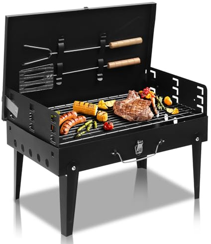 LEADZM Holzkohlegrill mit Deckel - Klappgrill für Camping & Picknick, L44×B27×H7 cm - Quadratischer Outdoor-Grill inkl Gabel- und Spatel-Komplettset - Schwarz