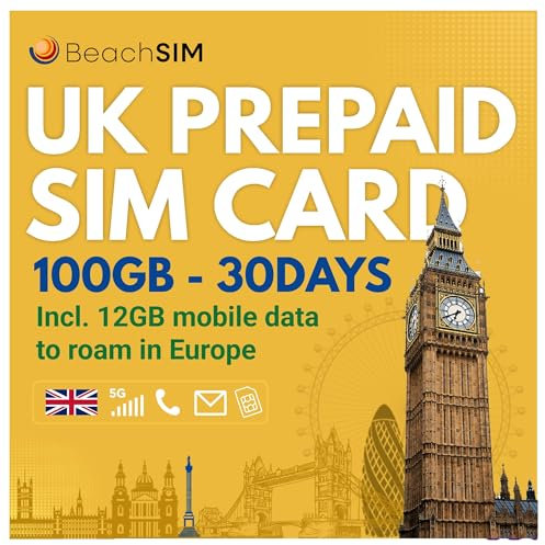 BeachSIM Tarjeta SIM UK para 30 días.100GB de Datos a Velocidad 4G/5G. Llamadas y Mensajes de Texto Locales ilimitados.El Plan Incluye 12GB de Datos para Roaming en la UE.Funciona en iOS y Android.