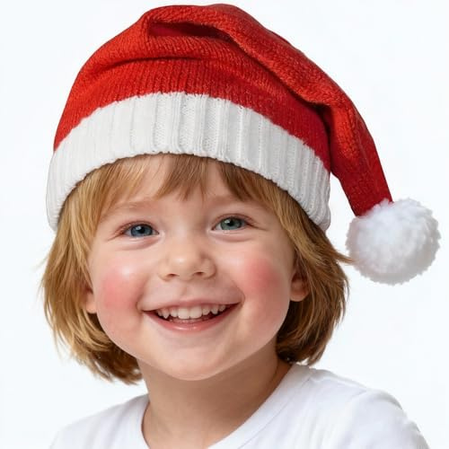 Vruxuri Christmas Santa Hat for Kids Boys/Girls Washable Knitted Soft Xmas Red Hat for New Year Festive Holiday Party Winter