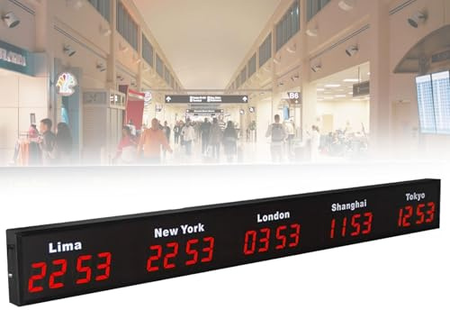 XRSMOU Horloge Mondiale, Horloge Numérique Murale avec Plusieurs Fuseaux Horaires, Réglage De La Luminosité, pour Les Entreprises, Hôtels, Aéroports (Red 5City)