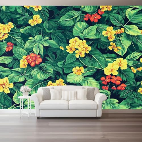Papel tapiz fotográfico 350 x 256 cm Revestimiento de paredes decoración de salón Diseño Flores Naturales Selva para dormitorio, sala de estar, papel tapiz no tejido, decoración de pared, Verde