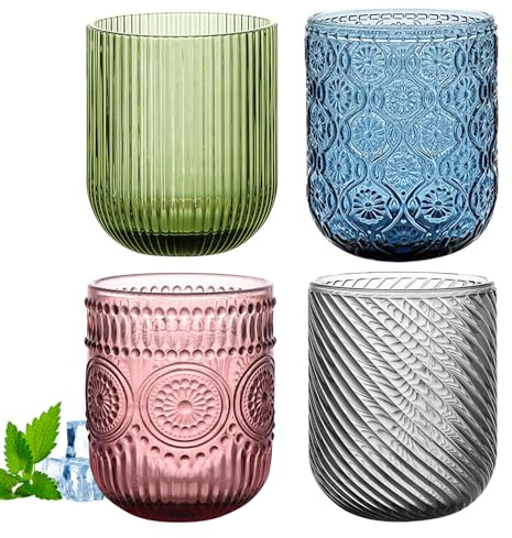 BORDEAG Juego de 4 vasos de agua, de colores, vasos de agua, vasos de agua, de colores, 301 – 400 ml, vasos de colores, vasos de agua de cristal vintage, vasos de colores para fiestas y uso diario