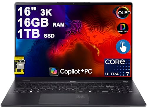 acer Swift 16 AI Laptop 16 3k OLED 120Hz Touch (100% DCI-P3) Intel 8-core Ultra 7 256V (Up to 47 Tops) 16GB RAM 1TB SSD Backlit Fingerprint for Creator Business Professional Win11 ICP Hub