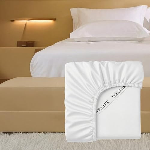 VOUCLER – Sabana Bajera 150x190cm Ajustable 100% Algodón Satén Blanca – 600 Hilos Tacto Sedoso | Oeko-Tex® | Sábana 155x200x40 cm | Sabana Cama 160cm