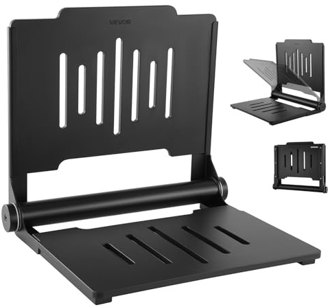 VEVOR Asiento de Ducha Abatible Montaje en Pared, Silla de Ducha Plegable con Respaldo de Apoyo, Marco de Acero Inoxidable, Banco de Baño Capacidad de Carga de 180 kg, para Adultos, Mayores, Negro