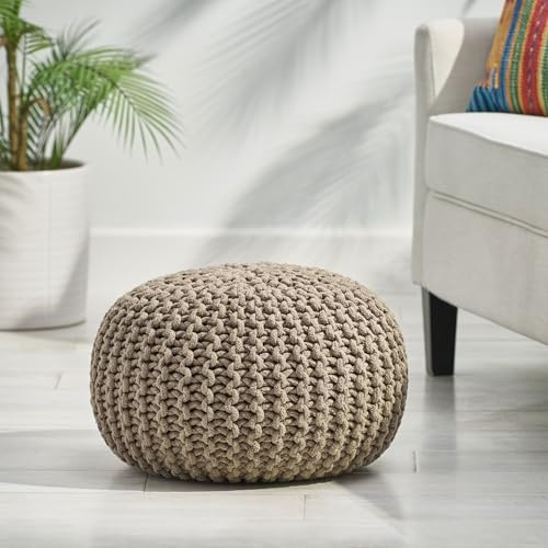 Pulishony Handcrafted 20 Inch Round Knitted Cotton Pouf Chunky Cable Knit Footrest Ottoman and Plush Seating for Living Room Nursery or Bedroom Decor