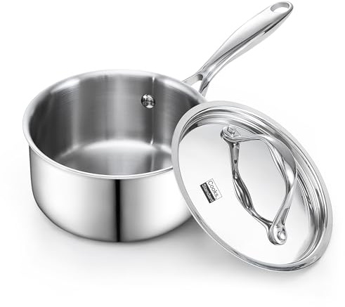 Cooks Standard Stainless Steel Sauce Pan with Lid, 1.5 Quarts Tri-Ply Clad Saucepan, Small Kitchen Induction Pot, Dishwasher & Oven Safe, Compatible with All Cooktops