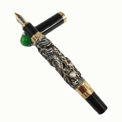 Gullor Antique Silver Chinese Ming Dynasty Emperor Style Dragon Play Jade Ball Fountain Pen Medium nib