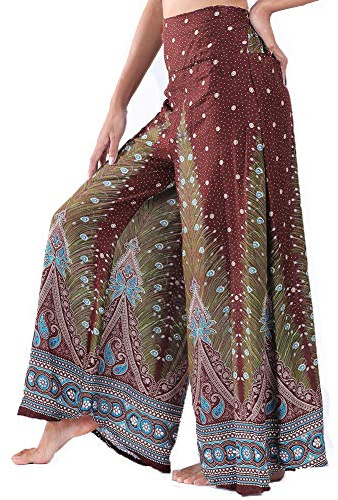Lofbaz Femme Jambe Large Palazzo Pantalon Yoga Hippie Sarouel Fluide Pantalon - Peacock 1 Brun - M