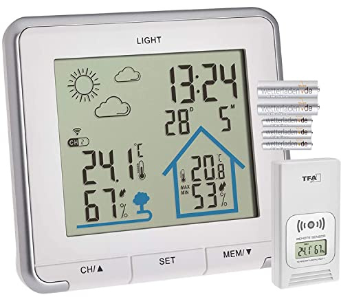 TFA Dostmann Wetterstation Funk Life, digitale Funkwetterstation, Luftfeuchtigkeit, Temperatur, mit Hintergrundbeleuchtung, Wettersymbole, L 138 x B 28 (67) x H 125 mm