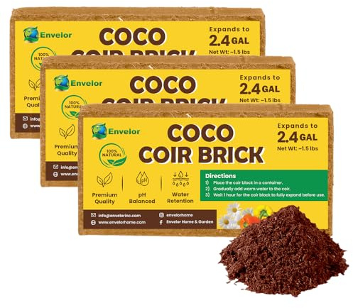 Coco Coir for Plants 3-Pack – 2.4 Gallons Compressed Coconut Coir Bricks, 10 lb. Organic, Low EC, pH Balanced Coco Peat for Indoor & Outdoor Gardening, Potting Soil, Indoor Plant Soil
