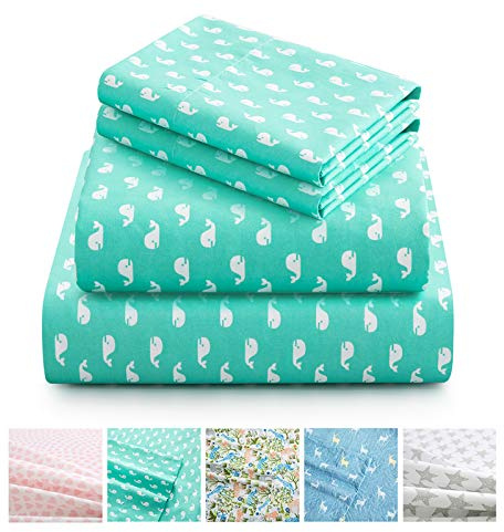 Vonty Kids Bed Sheets Twin Green Baby Whales Printed Sheets for Boys & Girls, Soft Lightweight Microfiber Easy Wash Bedding Set (1 Fitted Sheet + 1 Flat Sheet + 1 Pillowcase)
