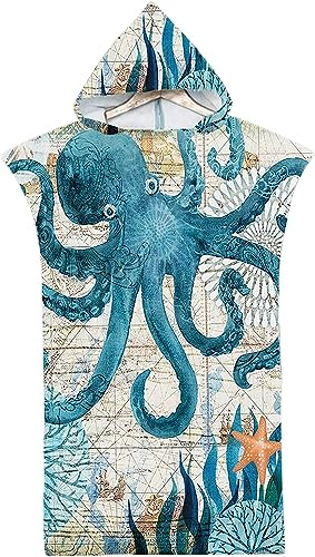 Treer Changing Robe Hooded, Adult Poncho Towel Microfibre Quick Dry Light Weight Towel for Women Men Beach Swimming Surfing Wetsuit Changing Camping Travel (75x110cm,Octopus)