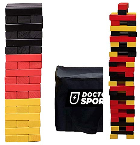 Dr. Sport Wackelturm Mega XXL in 3 Farben - bis 80 cm hoch - in Einer Luxus Tragetasche - 2 bis 6 Spieler - Gelb Schwarz Rot - Reißverschluss - Outdoor Indoor Stapelturm Holz