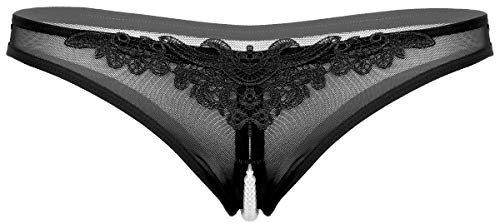 Choomomo damtrosor ouvert stringtrosa med pärlor i grenen, spets bikinitrosor med låg midja, underbyxor, transparenta underkläder, sexiga underkläder, svart, one size