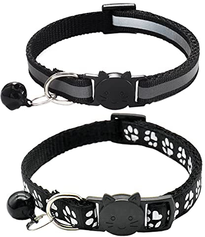 Qinao 2Pack Cat Collars Quick Release Reflective Kitten Collar with Bell & Safety Release (Black)