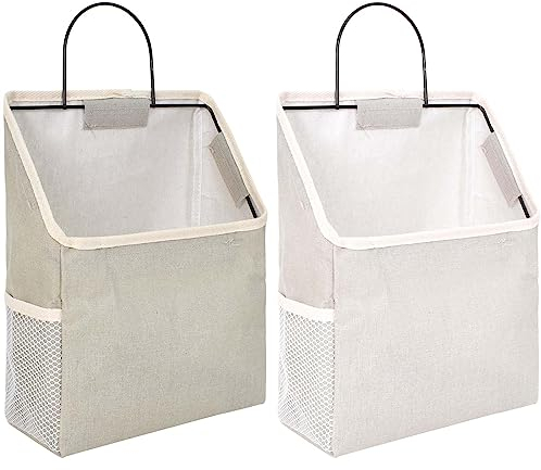 Mikihat 2 Pezzi Borsa Portaoggetti da Parete in Lino Cotone, Struttura in Metallo, Cesto con Gancio, Grigio e Bianco Organizzatore per Porta, Armadio, Bagno