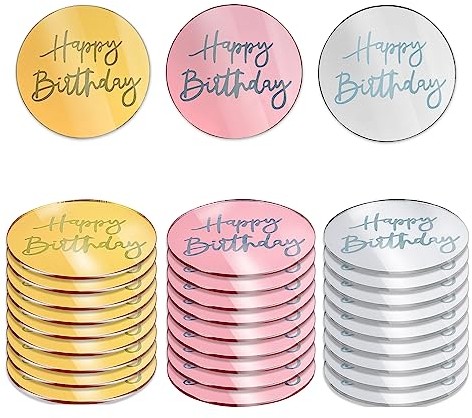 30 Stück Happy Birthday Topper Acryl, Spiegel Acryl Happy Birthday, Acrylscheibe, Cake Topper Personalisiert, Rund Kuchen Topper Für Cupcake Geburtstag Party DIY Dekoration(Gold, Silber, Roségold)