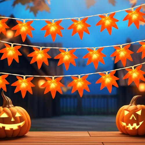 Dalugo Autumn Decorations Lights, 3M 20 LED Autumn Full Maple Leaf Fairy Lights with Timer, Battery Operated String Lights for Halloween Decorations, Pumpkin, Thanksgiving, Christmas