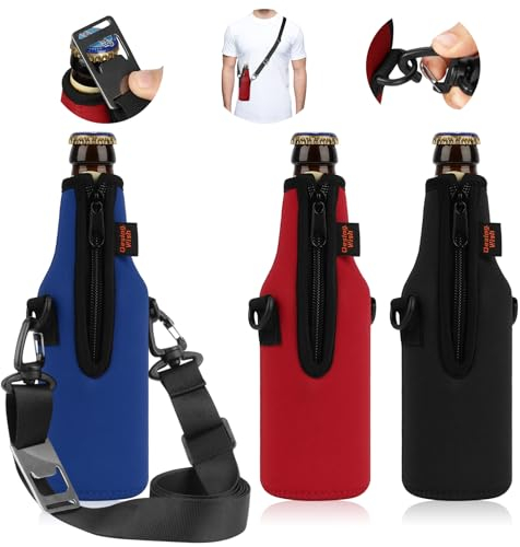 Desing Wish 3 Stück 12oz 330ml Bier Flaschenkühler Neopren Manschette Bierkühler Flaschen Kühlmanschette Getränkekühler Isoliert Bierflasche Kühler mit abnehmbarem Schultergurt und Flaschenöffner