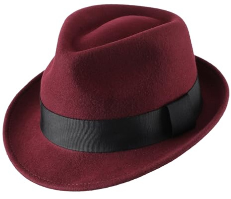 Decentron Chapeau d'hiver en feutre de laine pour homme - Chapeau Fedora à bord court, bordeaux, 60