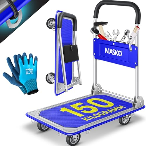 MASKO® Carro de Plataforma, Carro de Almacenamiento, Incl. Guantes de Trabajo, Freno de Bloqueo, con 6 argollas de Seguridad, Ruedas giratorias 360°, Plegable, Capacidad de Carga - 150kg / Azul