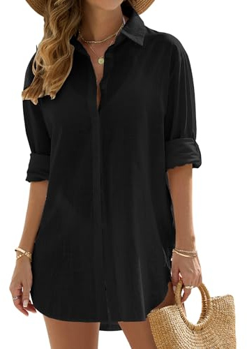Vancavoo Copricostume Donna Mare Camicia Lunga Estiva Cotone Camicetta Scollo a V Copri Costume da Spiaggia Sciolti Casual Bikini Cover Up,Nero,XL