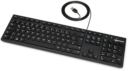 Amazon Basics Tastatur mit DE-Layout, flach, USB-kabelgebunden, Mattschwarz