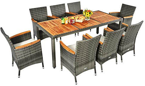 COSTWAY 9 TLG. Rattan Gartenmöbel Set, Sitzgruppe für 8 Personen, Gartentisch mit Tischplatte aus Akazienholz, 8 stapelbare Stühle & Kissen, Terrassenmöbel Set, Gartengarnitur, Sitzgarnitur, Essgruppe