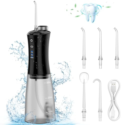Pancellent Munddusche Kabellos,Zahnseide, Massage Zahnseide, Wiederaufladbar, 12 Gänge, Wasserstrahl für Zahnspangen, mit 350 ml Wassertank und 5 Strahlspitzen für Reisen und Zuhause, Schwarz