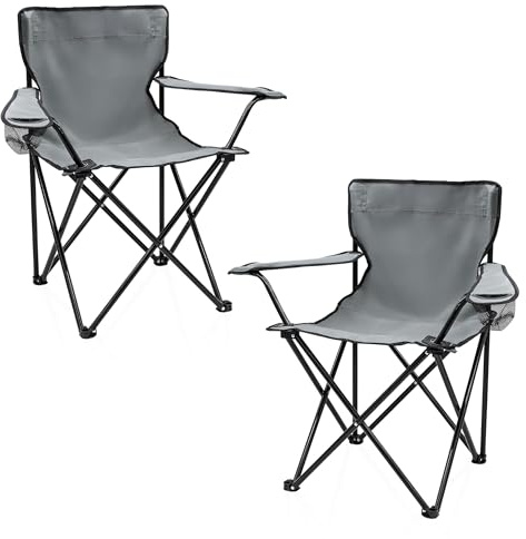 Sedia pieghevole da campeggio con portabevande, set da 2 pezzi, grigio – Sedia da campeggio pieghevole con borsa per il trasporto – Sedia pieghevole per festival, tempo libero, giardino, pesca,