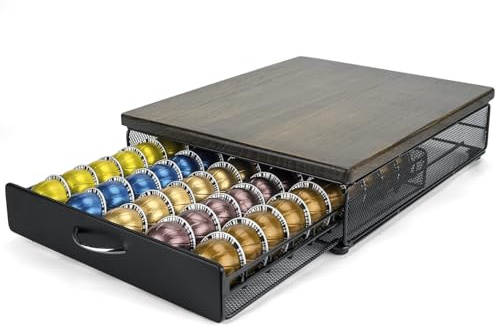 HiveNets Kaffee Kapsel Lagerung Schublade Pods Halter Metall und Holz Top Organizer (50 Pods)