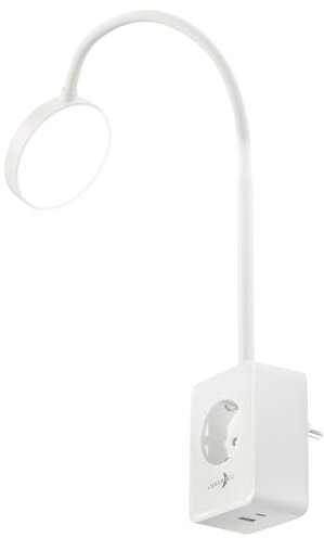 Lunartec Steckdosenleuchte: Dimmbare CCT-LED-Steckerleuchte mit Steckdose, USB-A/C-Port, weiß (Steckdosenlampe Schwanenhals, Leselampe mit USB-Ladestation, iPhone Ladekabel)