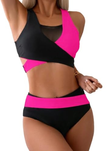 Rand Abbigliamento Pole Dance Donna con Trasparenza, Set Sportivo con Top Crociato e Pantaloncini Vita Alta, Abbigliamento Pole Dance Sexy, Pole Exotic, Pole Sport, Nero & Fucsia, L